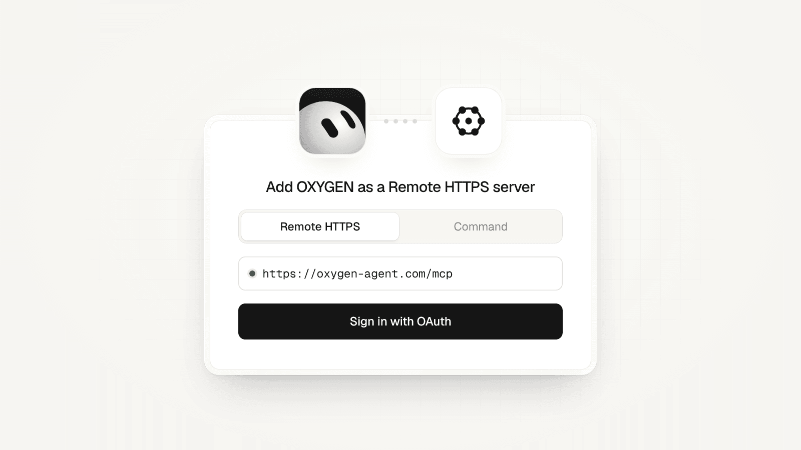 A connect card with the Grok Bot mark linked to the OXYGEN mark: Remote HTTPS, https://joinoxygenagent.com/mcp, and Sign in with OAuth.